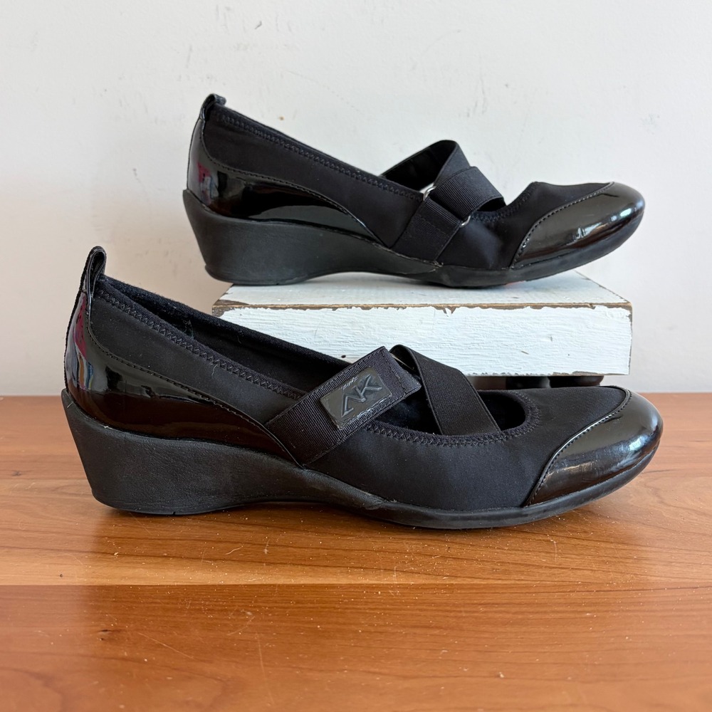 Anne Klein Sport Womens Black Wedge Mary Jane Shoes AKBYTHEWAY 6.5M Patent Trim